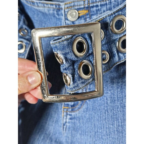 No Boundaries Juniors Low Rise Denim Blue Jeans Size 13 Eyelet Belt Y2K Punk - Picture 4 of 12
